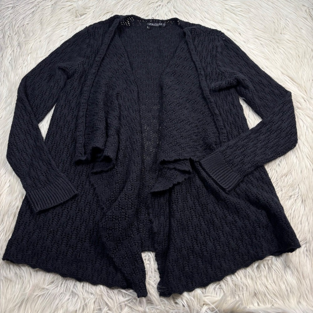 Volcom Women's XS S Black Open Knit Draped Open Front Cardigan Beach Boho
